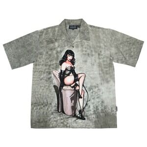 Dragonfly Clothing Bettie Page Pin Up Graphic Button Up Shirt Sz XL Double Sided